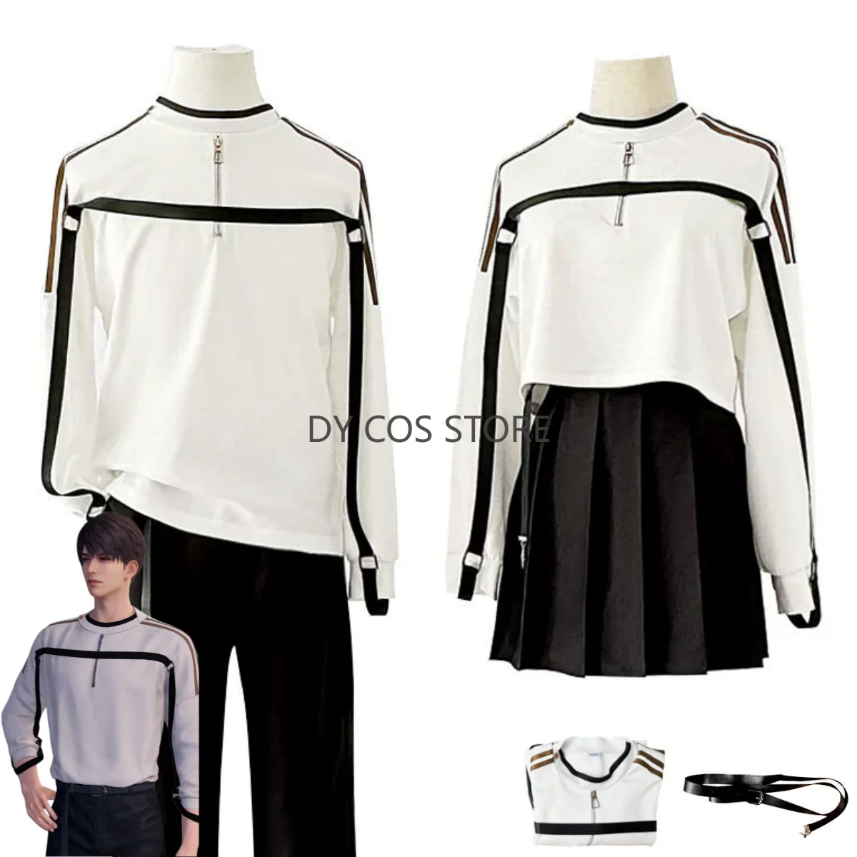 

Game Love and Deepspace Caleb Player Heroine Cosplay Costume Daily White Long Sleeves Hoodie Tops Belt Man Woman Leisure Suit
