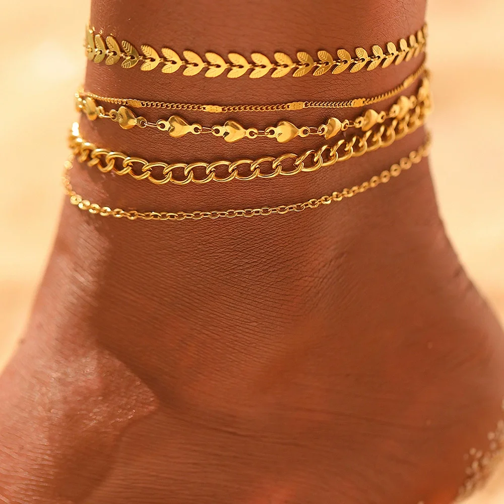 Boho style wheat ear chain and heart chain multi anklet set, waterproof and non-fading, women's jewelry, wedding party gifts