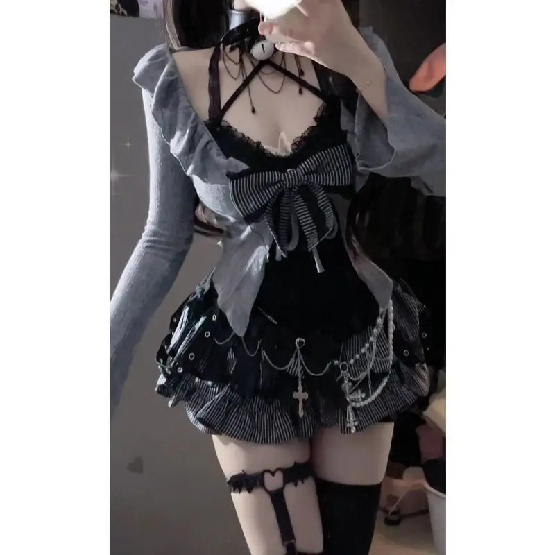 

Early Autumn Three Piece Sets Sweet Lolita Lace Up Ruffles Cardigan+ Sexy Slim Fit Strapless Vest Tops+ High Waist Ruched Skirts