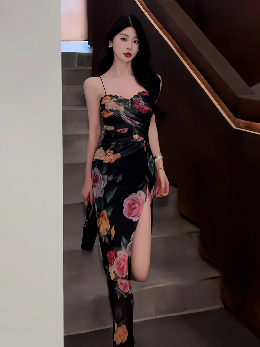 Sukienka damska letnia w stylu retro z kwiatowym wzorem, nowa, seksowna, wyszczuplająca, długa, z wysokim stanem, rozcięciem i zamkiem błyskawicznym...