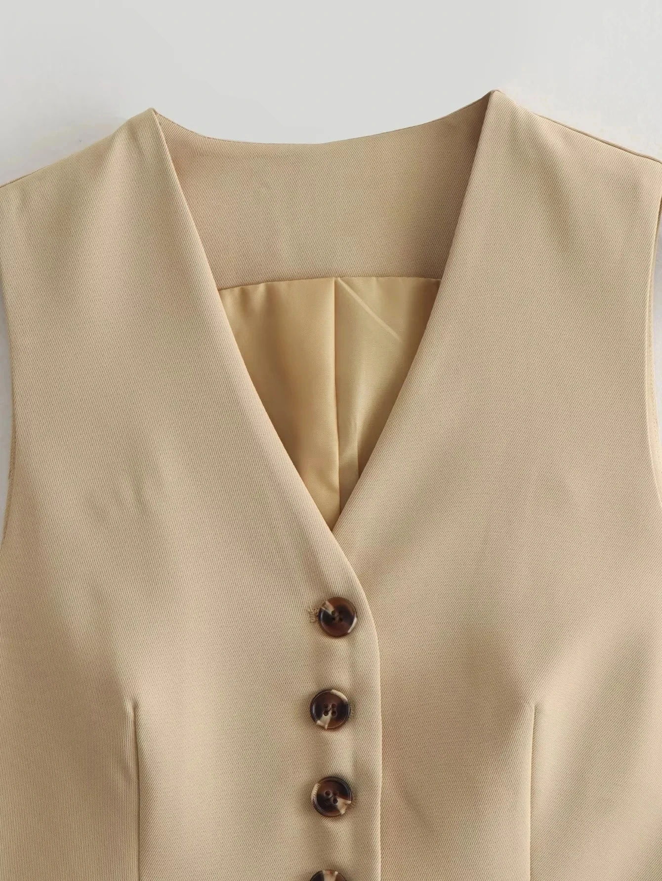 HH Damen Elegantes Khaki-Rock-Set, 2-teilig, ärmellose, einreihige, schmale Weste, einfarbiger A-Linien-Rock, Sommer-Strand-Partykleidung – Detail 6