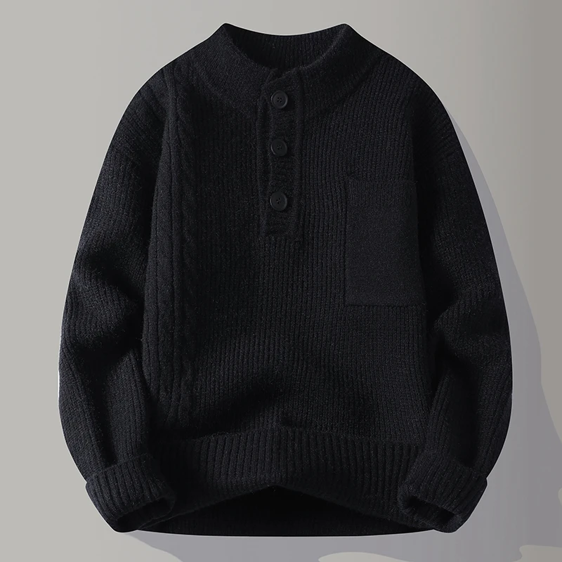 Men's Designer Original Cable Knit Henley Sweater Mock Neck Chest Pocket Soft Warm Thick Pullover for Autumn Winter Men's Wear
