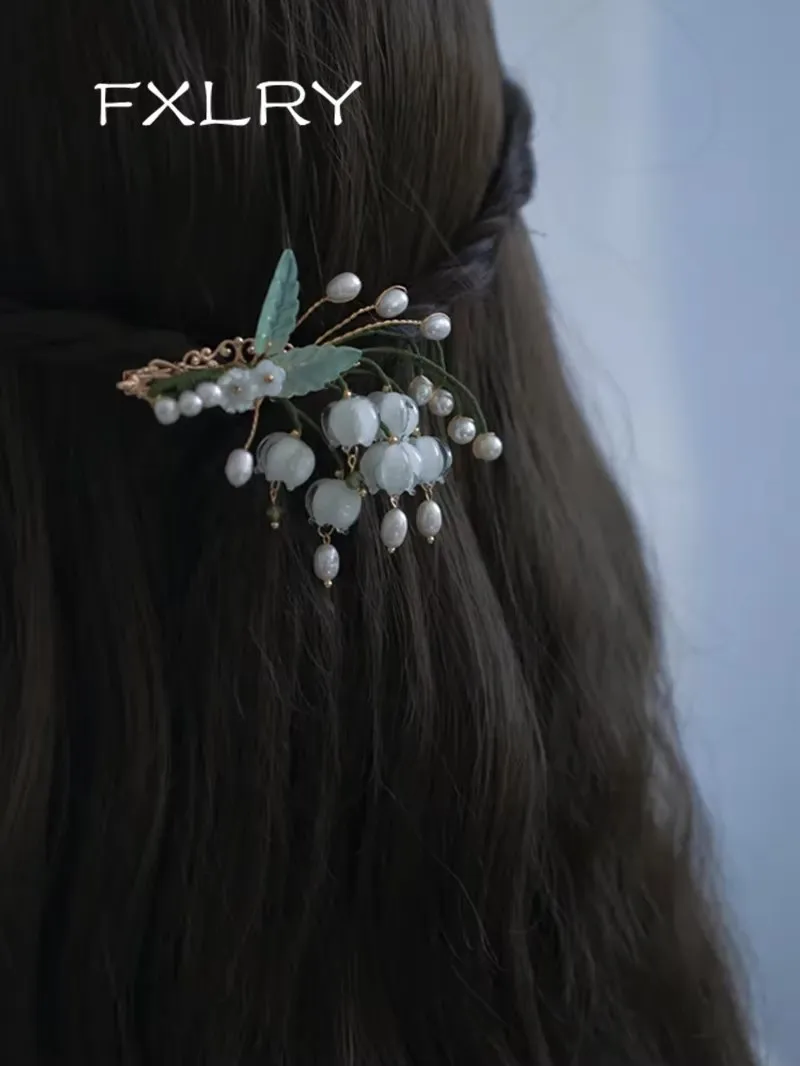 FXLRY Original Handmade Natural Pearl Vintage Glazed Lily Of The Valley Antique Tassel Hairpin Side Bangs Clip Side Clip Hair