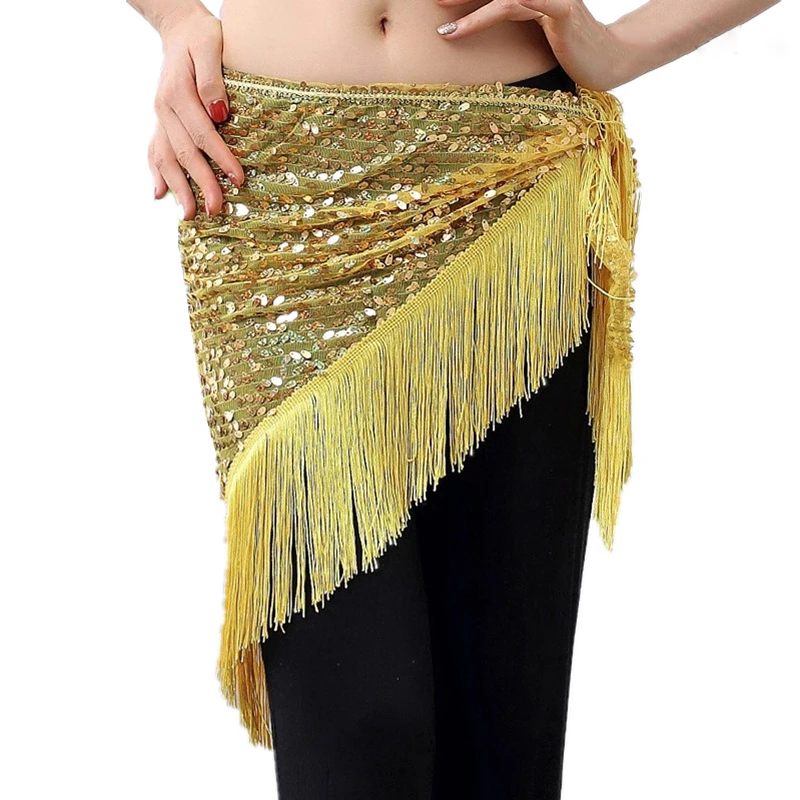 16 Colors Belly Dance Clothes Performance Accessories Long Tassel Triangle Belts Belly Dance Hip Scarf Sequin Hip Belt for Women