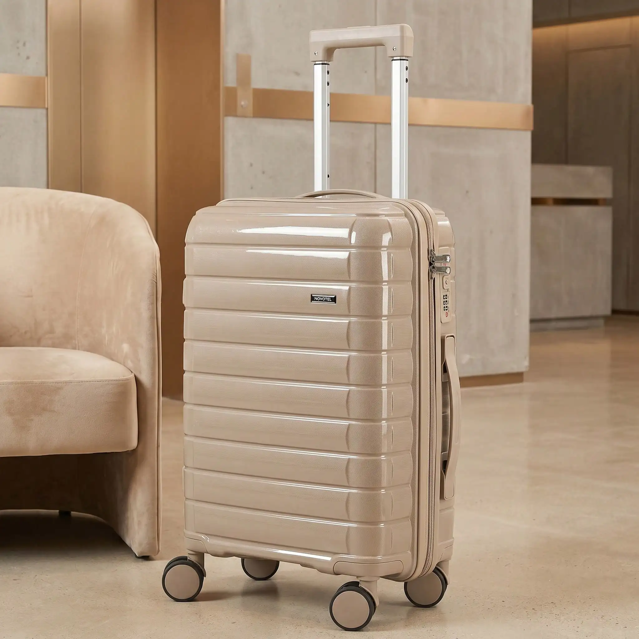 Khaki 20 Inch PP Carry On Trolley Luggage, Lightweight & Durable Hard Shell Boarding Suitcase, 360-Degree Smooth Spinner Wheels, TSA Lock, Telescopic Handle, Zipper Closure, Great for Travel, School Use for Adults, Teens and All Travelers