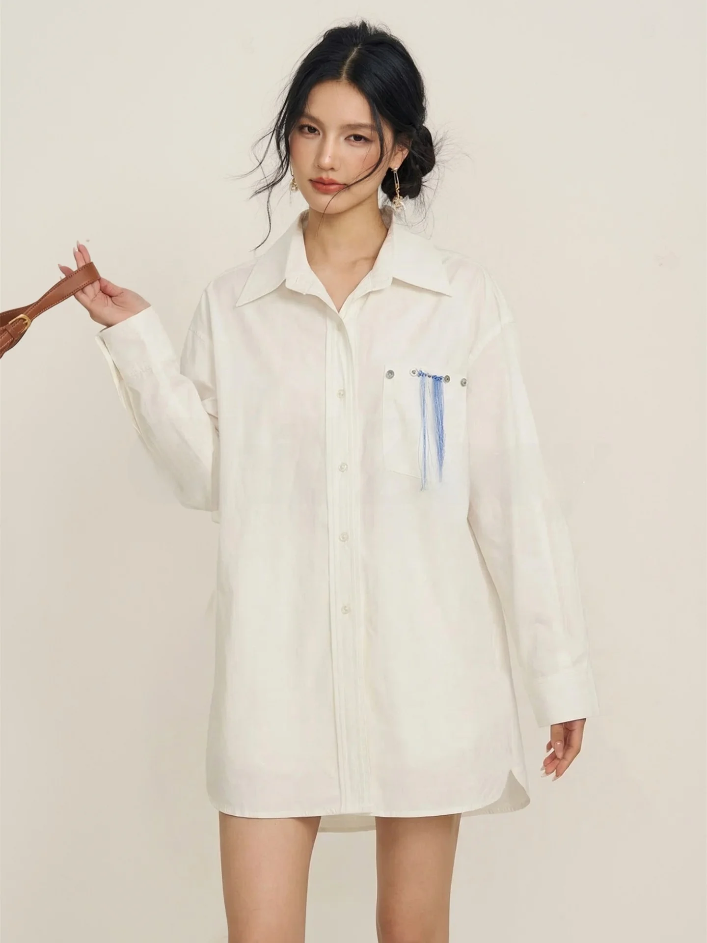 

CHILL ZOEY Casual Style Long Sleeve Loose Midi Shirt Dress Women's Cotton Embellished Tassel Casual Fashion Spring 2026