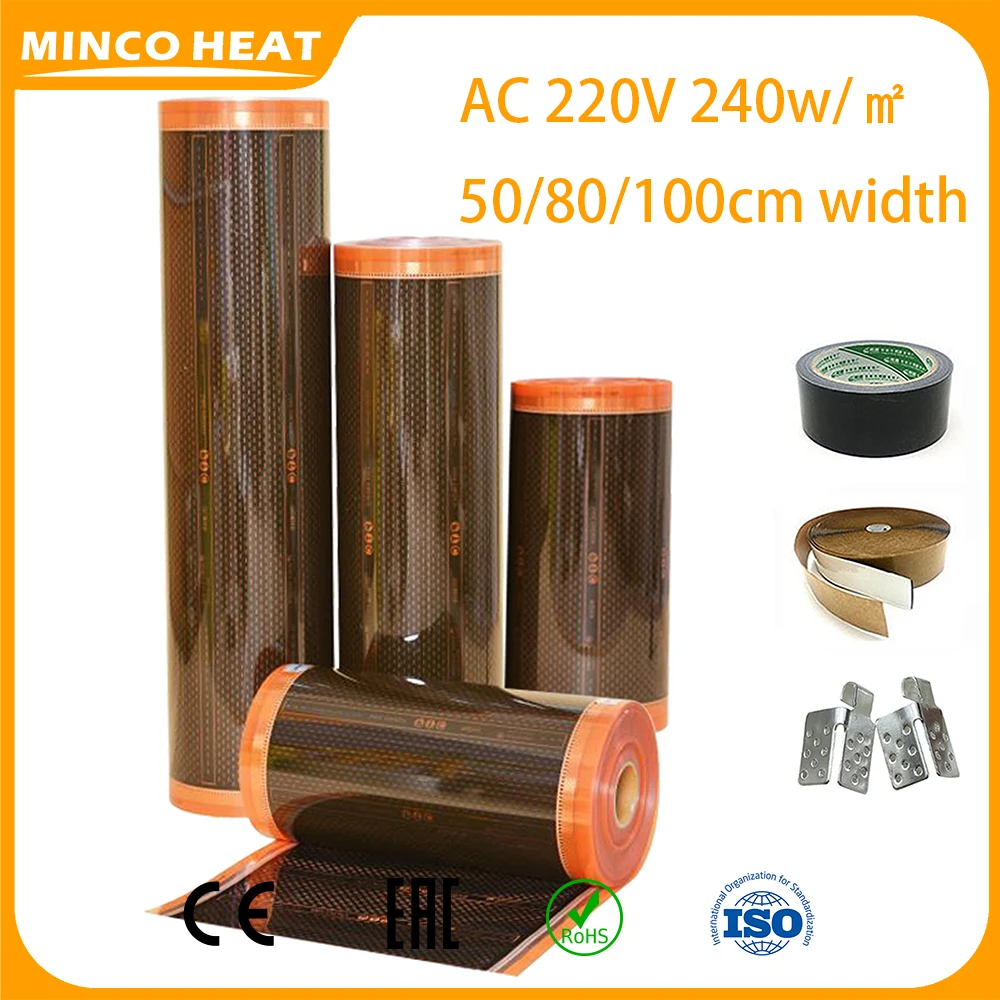 Minco Heat AC220V 240w/m2 New Orange Save Energy Infrared Graphene PTC Heating Film 5~50㎡ and Installation Kit