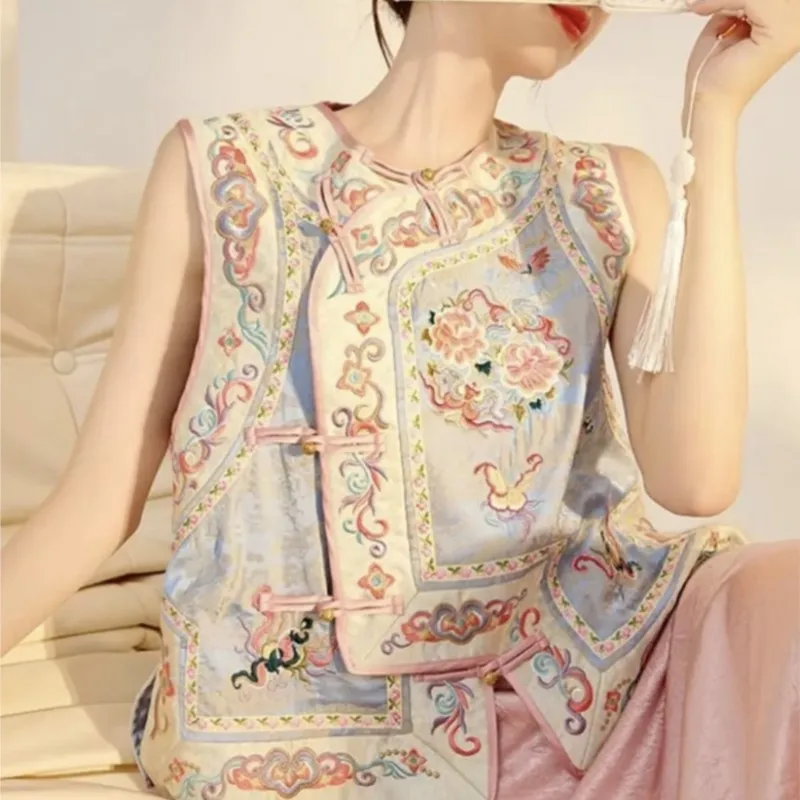 

New Chinese heavy industry embroidery rayon blouse women's sleeveless light luxury chic national style vest