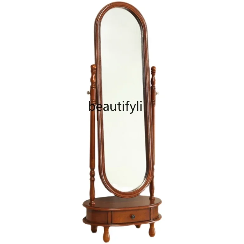 

American-Style Solid Wood Dressing Mirror Full-Length Bedroom Household Large Mirror Light Luxury Rotatable Floor Mirror