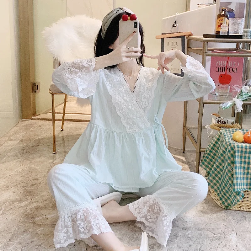 Women's Sleepwear Lolita Pajama Sets Flowers Embroidered Vintage Pyjamas Sleeping Suits Loungewear Autumn Winter Floral Lace 2PC