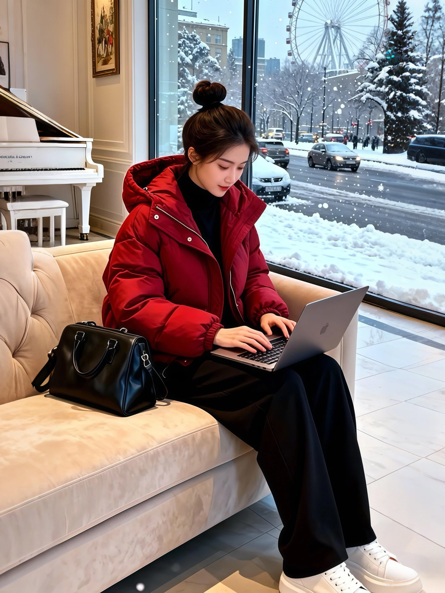 

Winter Thickened Hooded Cotton Jacket And Pants Set Women's Fashion Warm Outfit Zipper Closure Commute Style Casual Wear