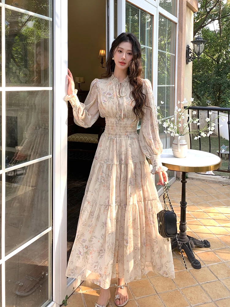 Robe de thé français 2024 - Robe en mousseline de soie florale à taille smockée pour femme avec manches bouffantes et poignets froncés f118