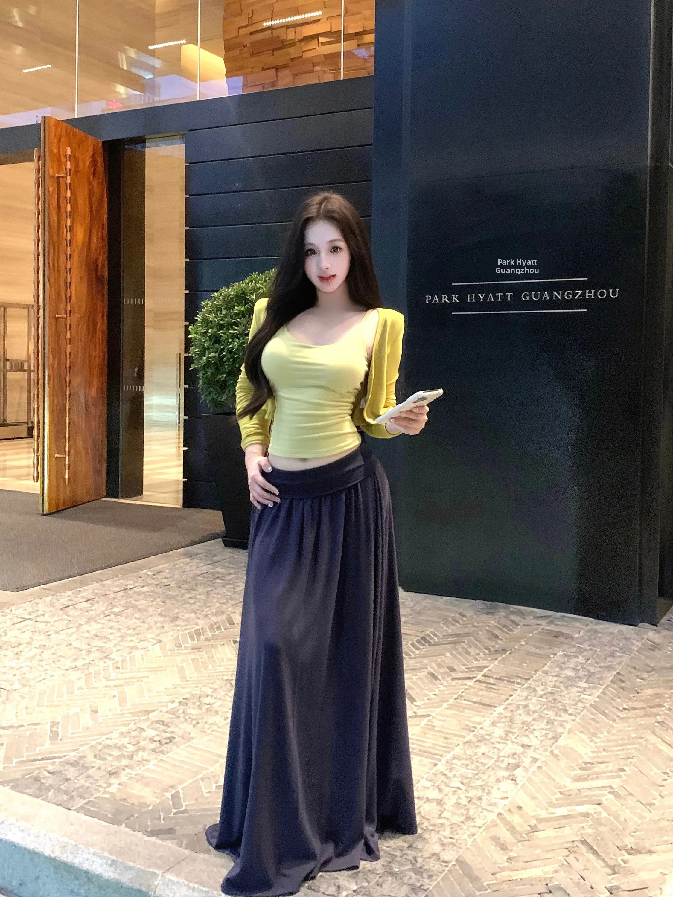 

Women's Summer Casual Sun Protection Long Sleeve Cardigan Top with Strap Vest Three Piece Set High Waist Skirt V Neck Button
