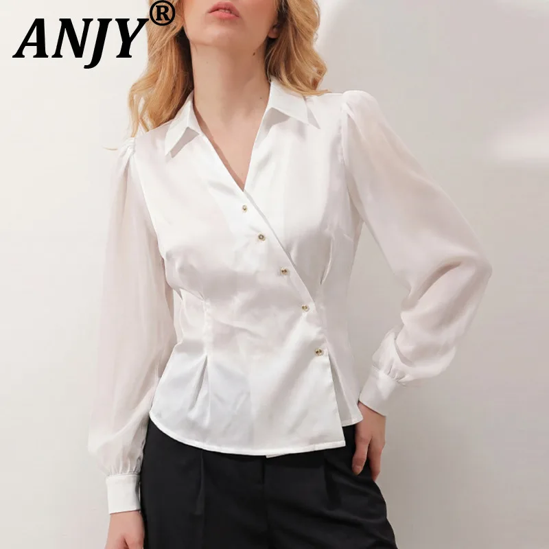 

ANJY Новая женская модная элегантная атласная однотонная блузка с длинным рукавом, трендовая плиссированная блузка с диагональными пуговицами A21812
