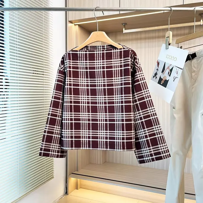 Maxdutti French Country Style Red Plaid Shirt Japanese Minimalist Loose Shirt Summer Checked Blouse Tops For Women