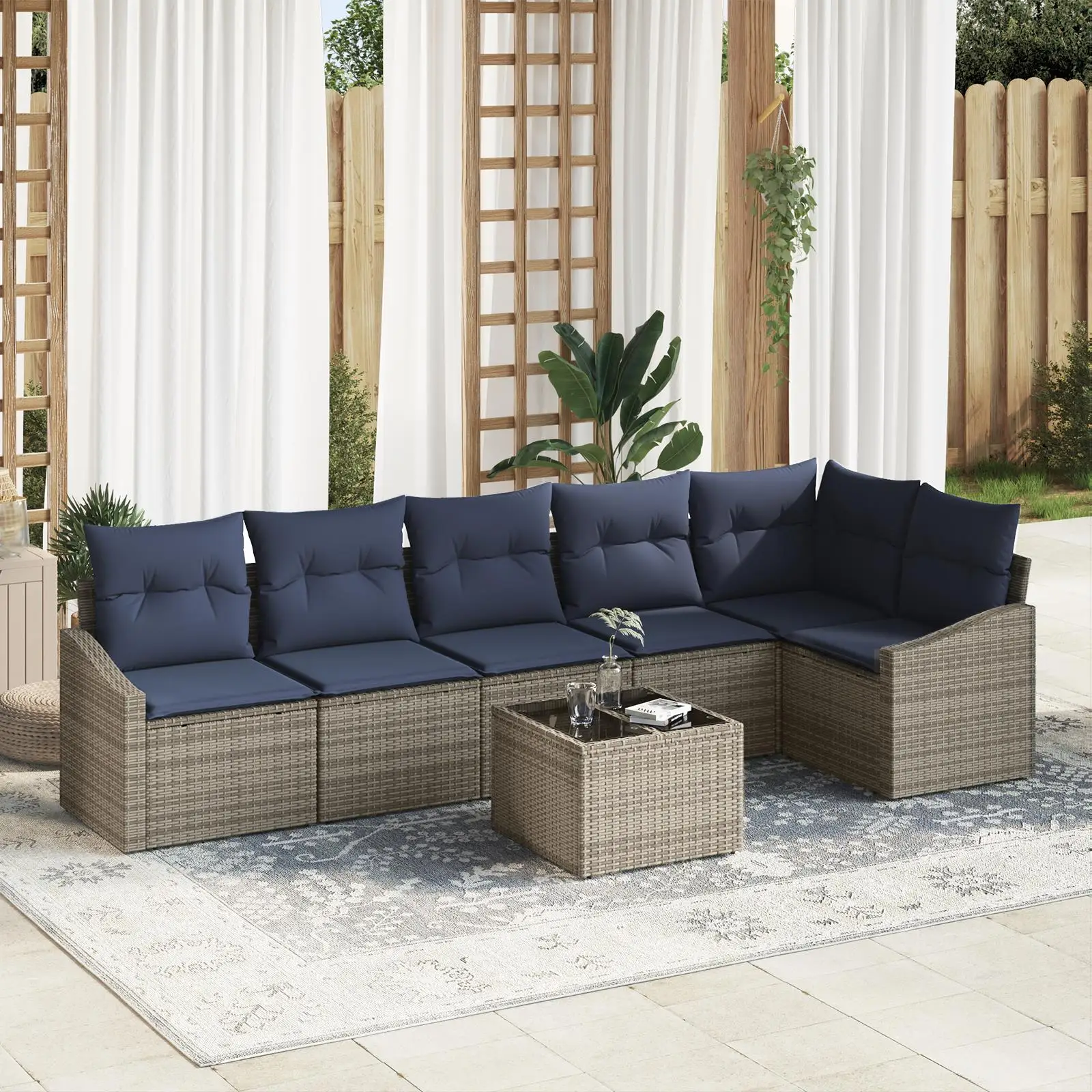 

7 Piece Grey Poly Rattan Garden Sofa Set with Cushions for Outdoor Patio Furniture