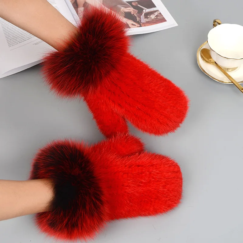 

Mink Fur Knitted Ladies Mittens With Fox Fur Warm Fingerless Gloves Winter Women'S Mittens Fox Fur Gloves Free Shipping