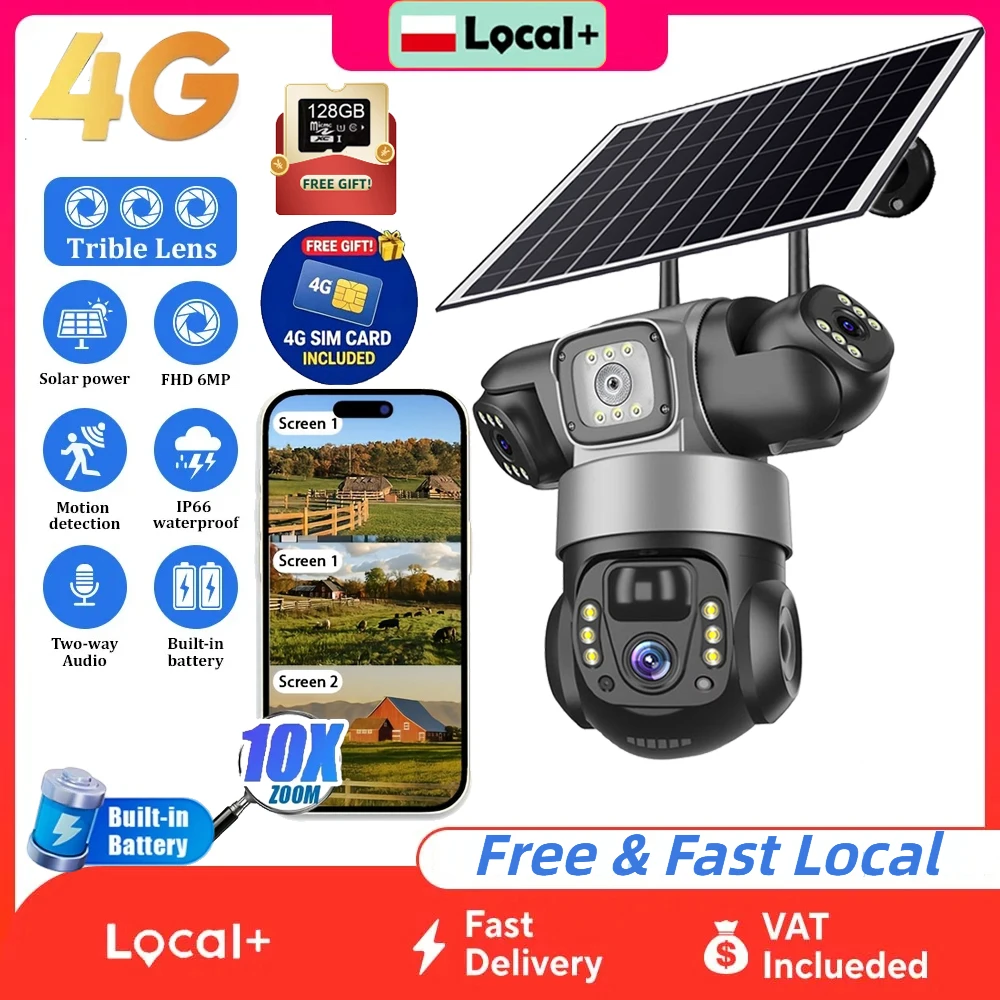 EU-Lokallager Solar-Sicherheitskamera 4G mit SIM-Karte für den Außenbereich, 3 Objektive, 3 Bildschirme, 10-facher Zoom, PIR-Bewegungserkennung, Nachtsicht, IP66 wasserdicht, CCTV-Sicherheit
