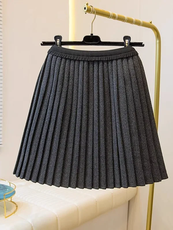 Elegant Grey Pleated Woolen  Skirt High Waist A-Line Loose Fit Commute Korean Style plus Size Elastic Waist Skirt