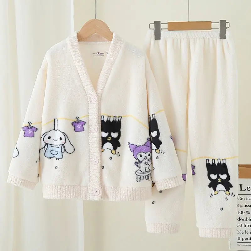 Autumn Winter Women\'s Pajama Cinnamoroll Cartoon Sanrios Melody Kuromi Parent Child Pajamas Flannel Cardigan Thicken Loungewear