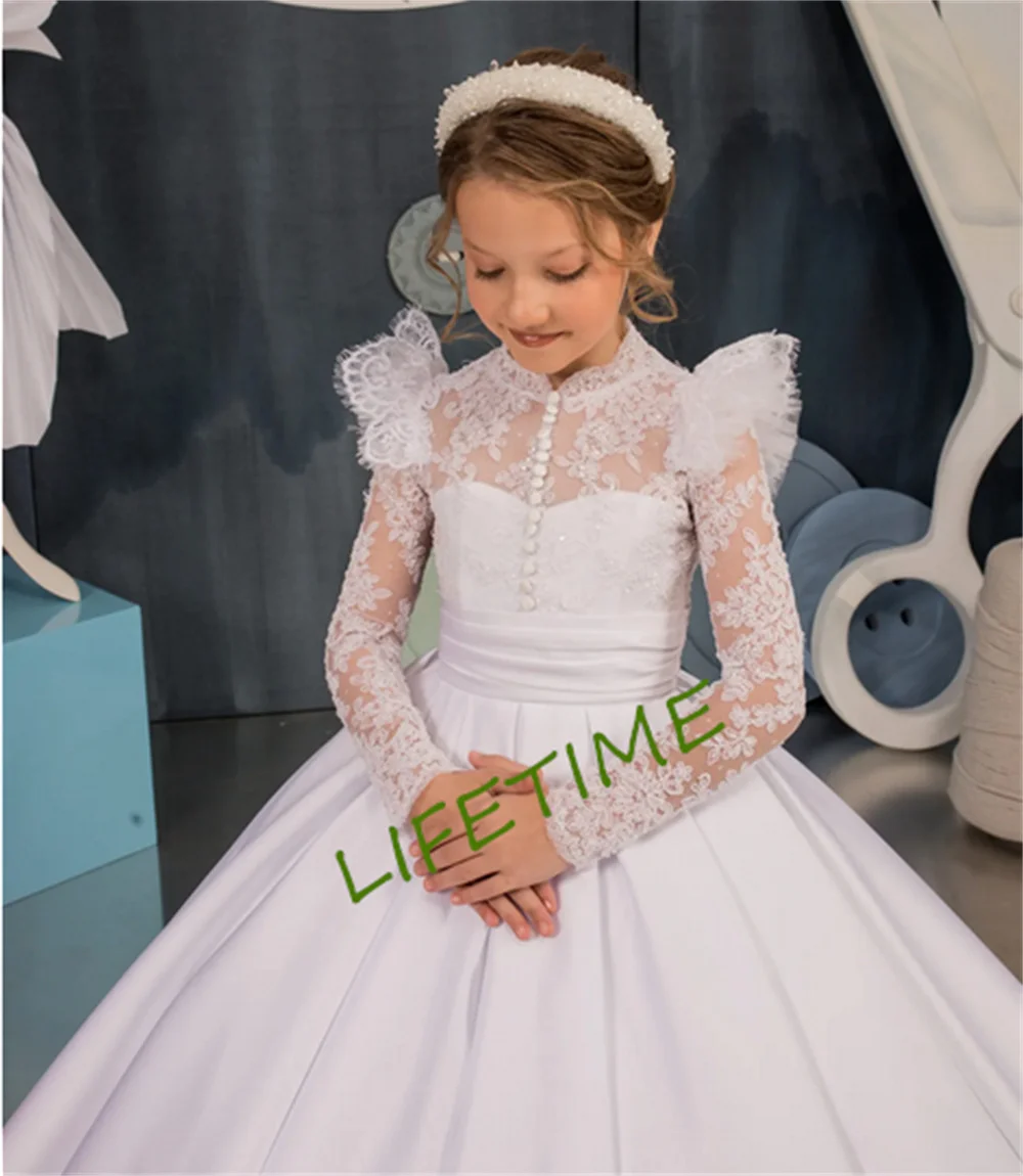 

Long Sleeve White Ivory Flower Girl Dresses High Neck for Wedding Guest Kids Bridesmaid Dress Lace Satin First Communion