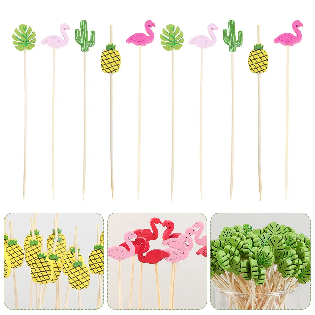 100Pcs Wooden Cocktail Toothpicks Hawaiian Flamingo Pineapple Cactus Design Fruit Skewers for Drinks Appetizers Parties Food