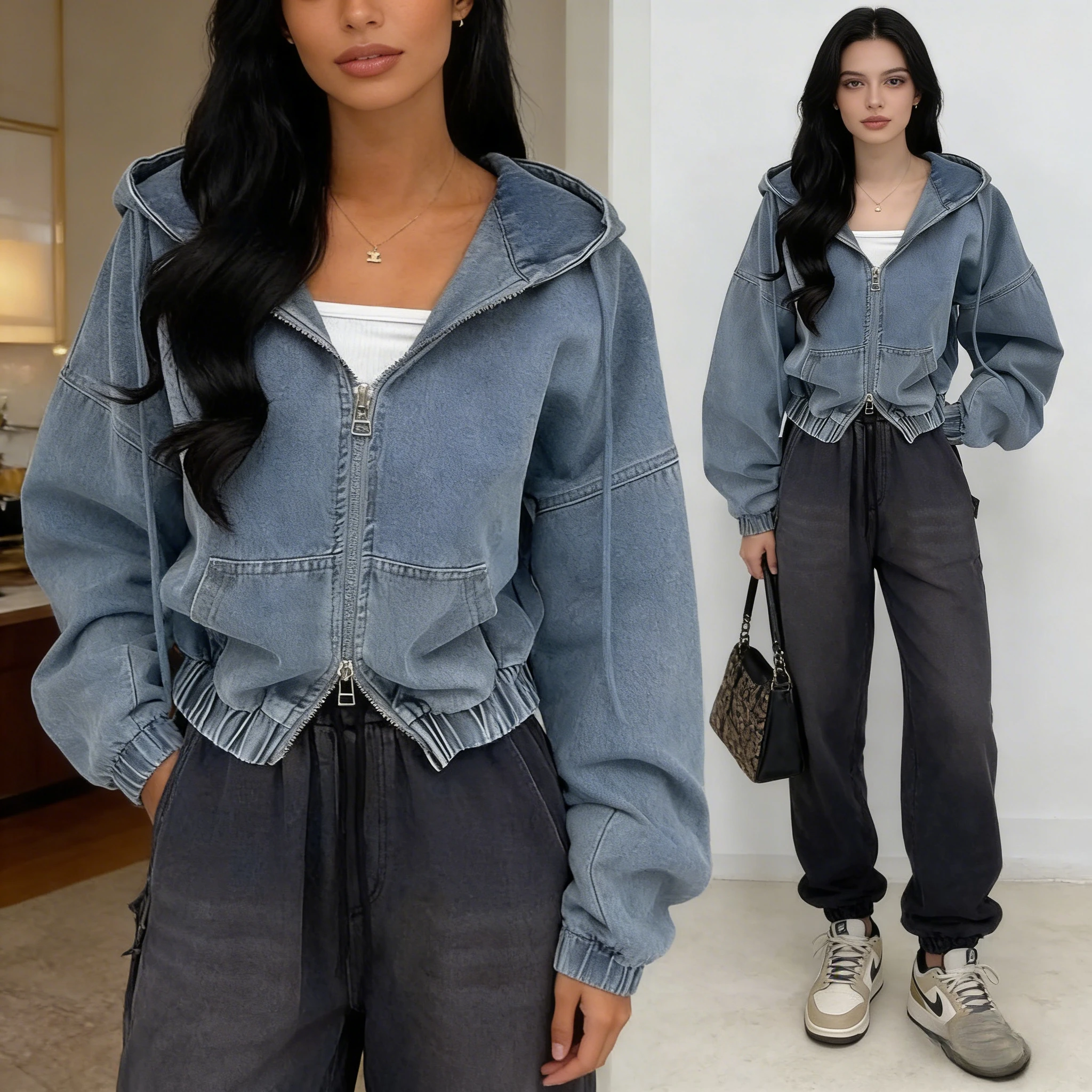 

Women Denim Coats Solid Short Jackets Double Zipper Pocket Hooded Long Sleeves Slight Strech Loose Fit Office Casual 2026 Autumn