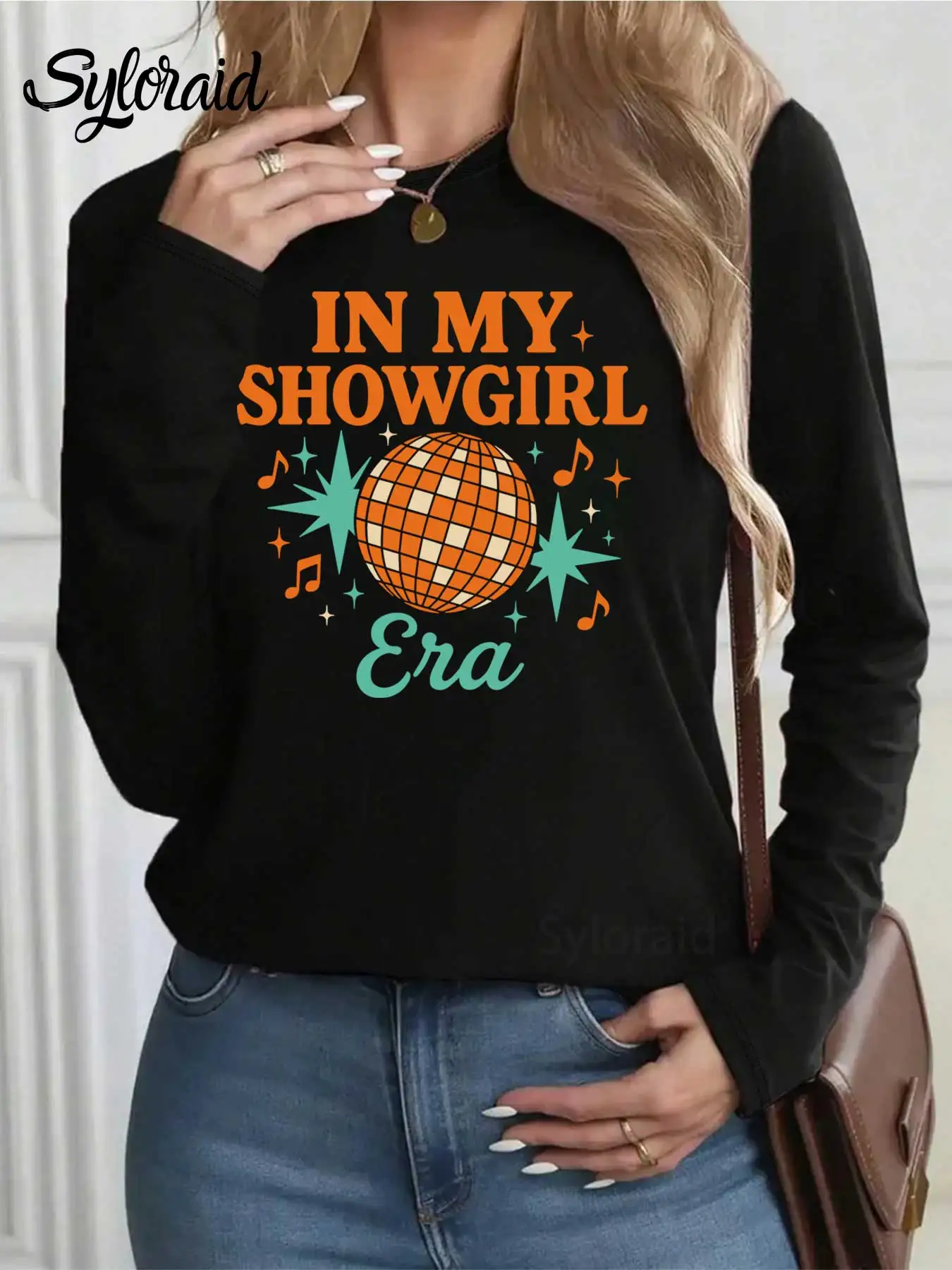 المرأة طويلة الأكمام تي شيرت مضحك في عصر فتاة الإستعراض تي شيرت روح الدعابة إستعراض قميص موضة الجولة الرقبة رداء علوي غير رسمي #2