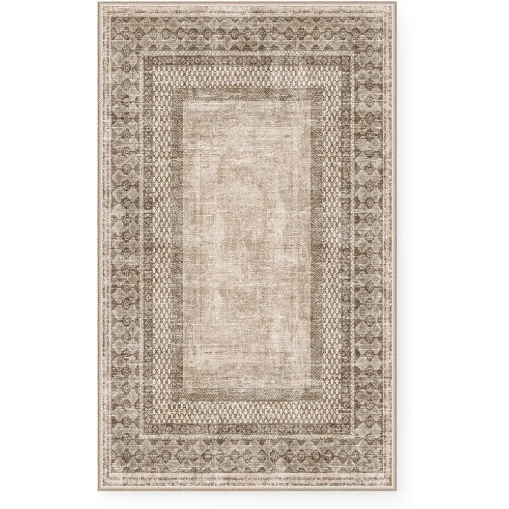 Elegant 8x10 Rustic Brown Area Rug, Machine Washable, Non-Slip for Living Room, Vintage Style Bedroom Rug
