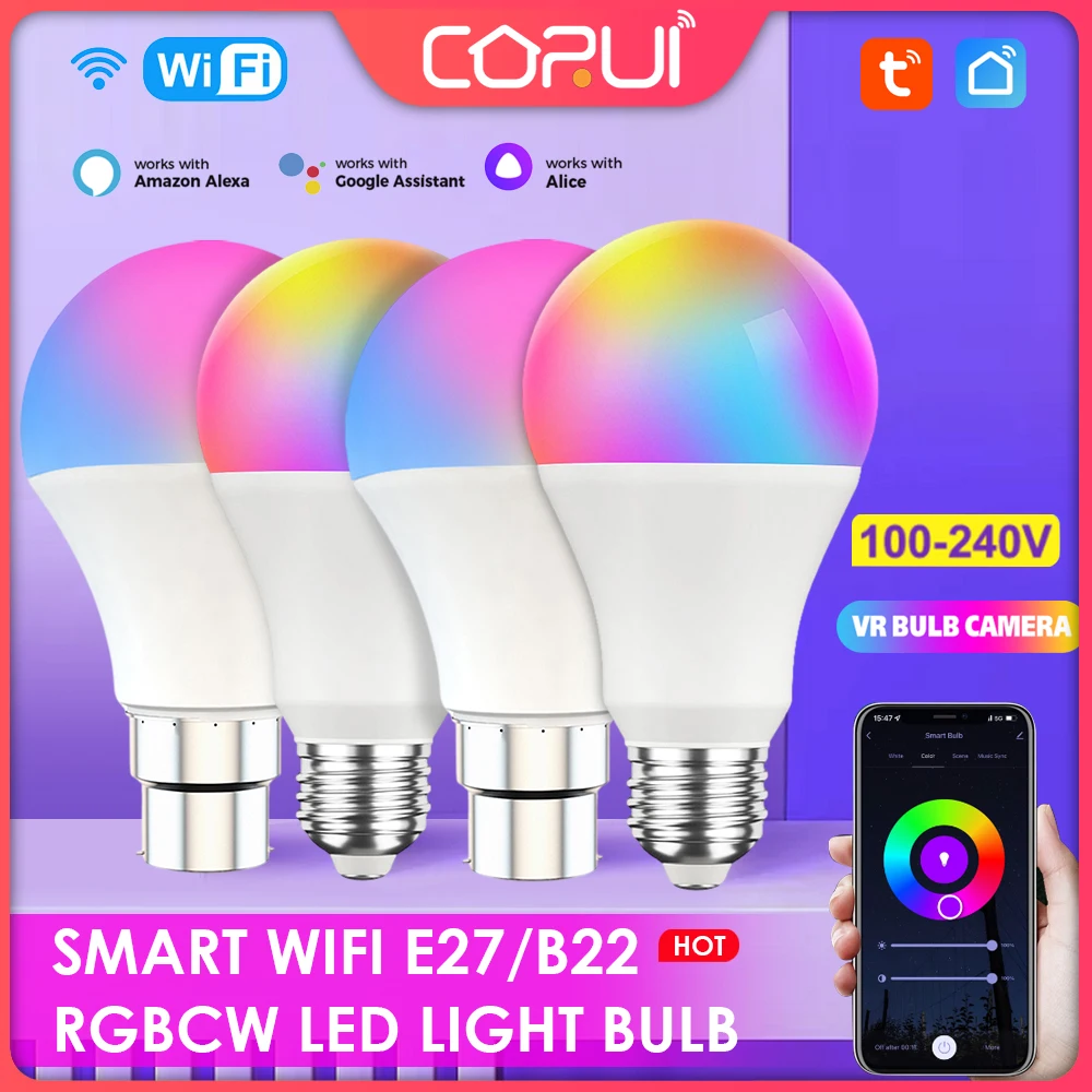 CORUI RGBCW E27 B22 Wifi Smart Dimming Light Bulb Timer & Voice Tuya SmartThings Smart Life And Alexa Google Home Alice Control