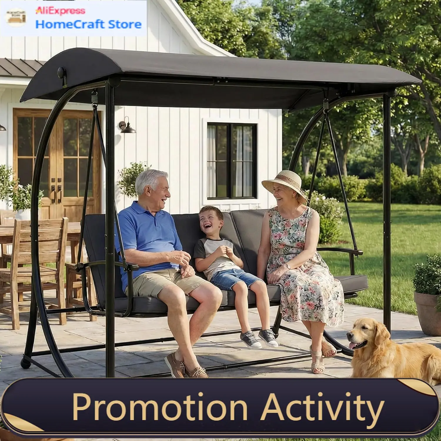 

Трехместная серая уличная качель-кровать с подставкой, навесом и подушками для заднего двора, террасы, патио, всепогодная, для взрослых