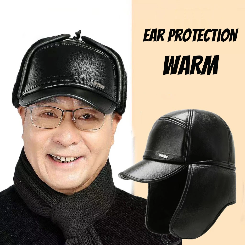 가을 겨울 남성용 따뜻한 모자, 두꺼운 중노년용 오리털 털 모자, 귀 보호 레이펑 모자, 가죽 아빠 모자