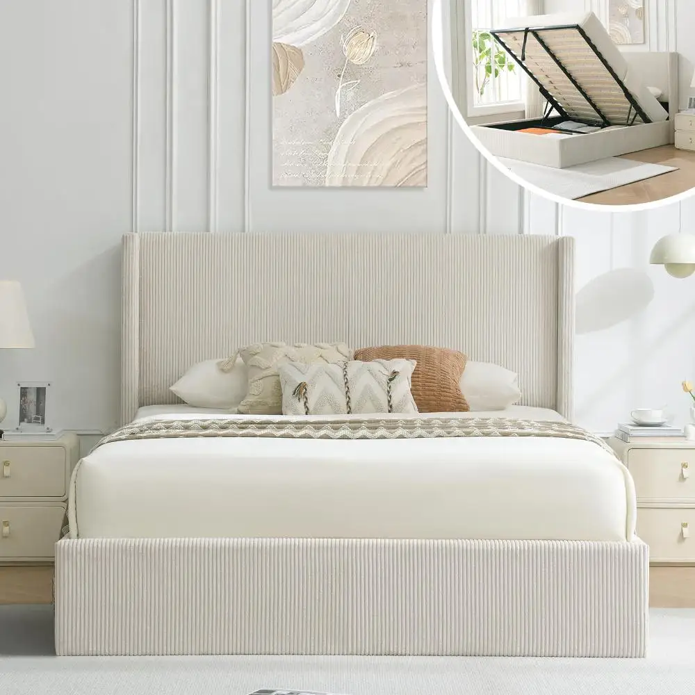 Full Size Lift-Up Storage Bed, Modern Upholstered Corduroy White Bed with Wingback Headboard, Hydraulic Lift Platform