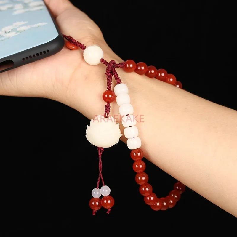 Natural red agate mobile phone chain wrist, Chinese style Bodhi mobile phone chain, women's tassel short hanging rope