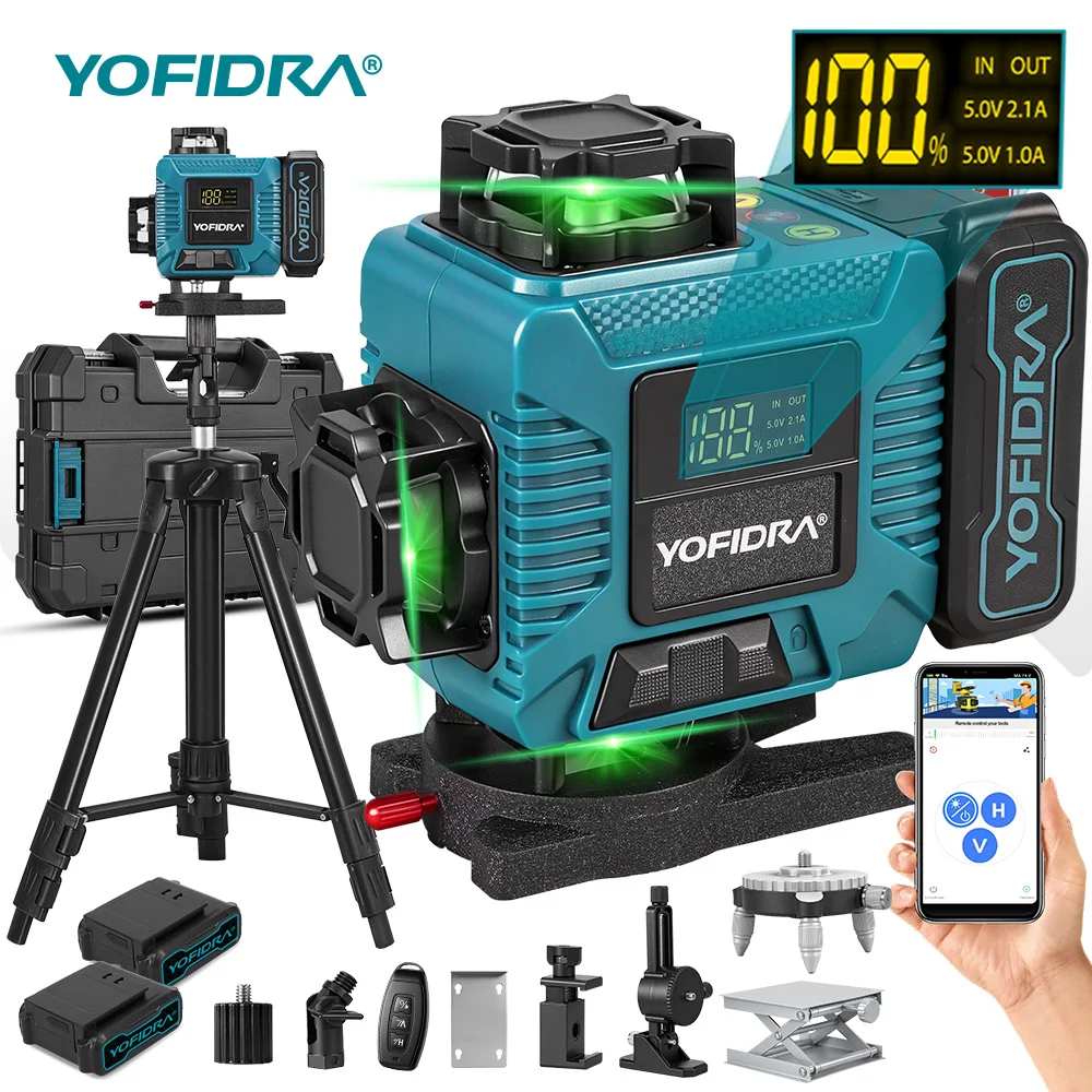 YOFIDRA 16 Linien 4D Professioneller Laser-Nivellierer APP-Fernsteuerung 360° ° Selbstnivellierender horizontaler und vertikaler Super-Power-Grünstrahl