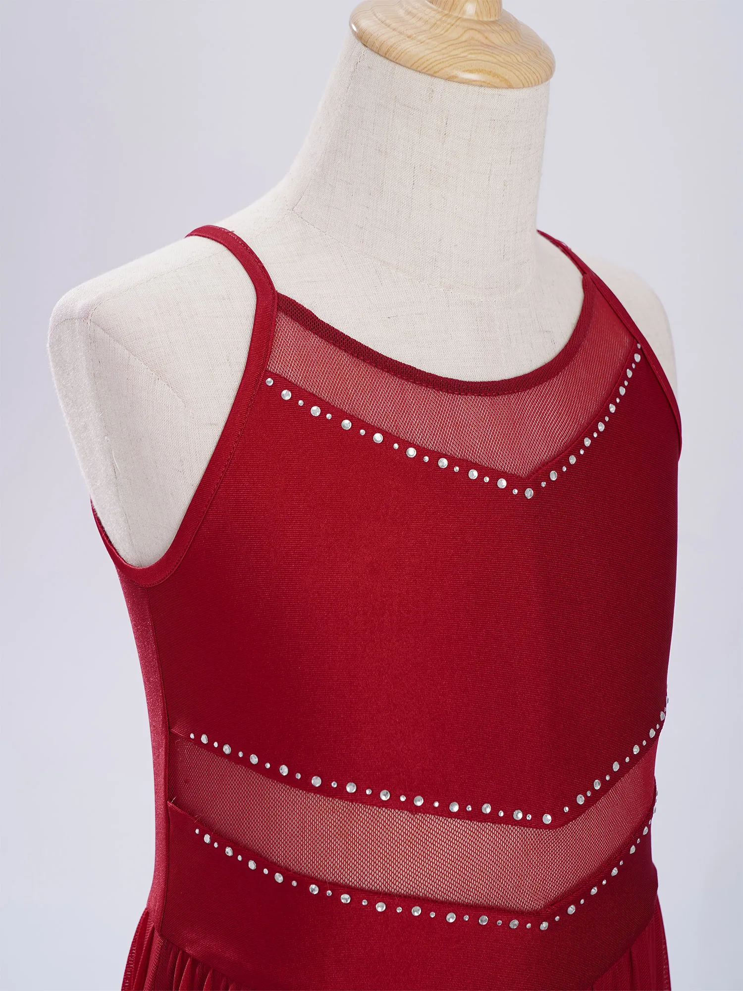 6-16Y الفتيات فستان رقص غنائي لامعة شبكة مرصعة بأحجار الراين سبليت يوتار فساتين للرقص الحديث الباليه الجمباز الشكل التزلج #6