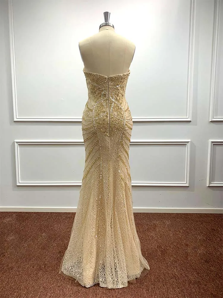 Gold Sequined Strapless Mermaid Evening Dresses Backless Beading Crystal Lace Tulle Formal Party Prom Gown Vestidos De Fiesta