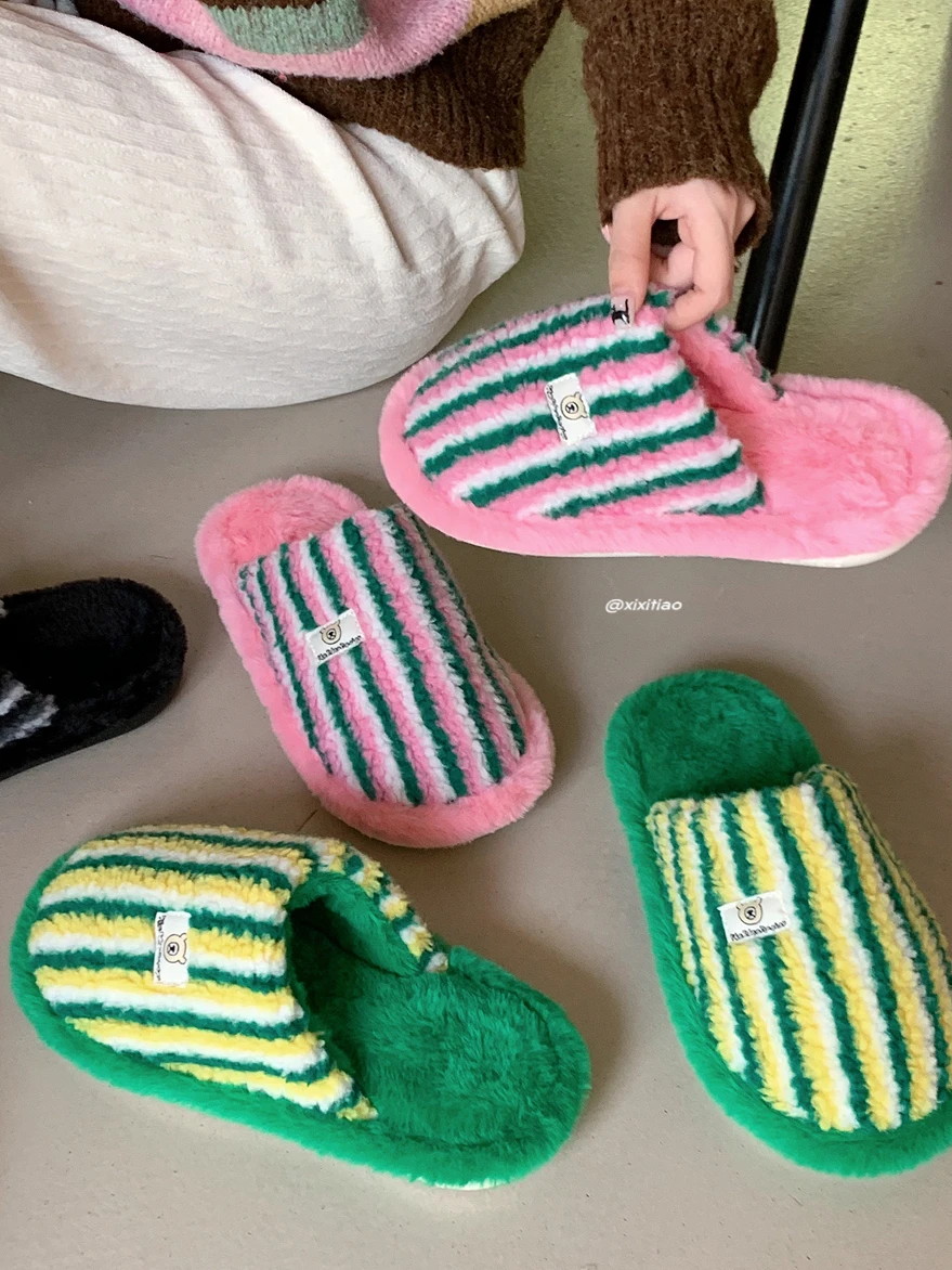 Man Women Slippers Couple Indoor Casual Anti Slip Contrasting Color Fur Slippers Creative Striped Winter Cotton Home Slippers