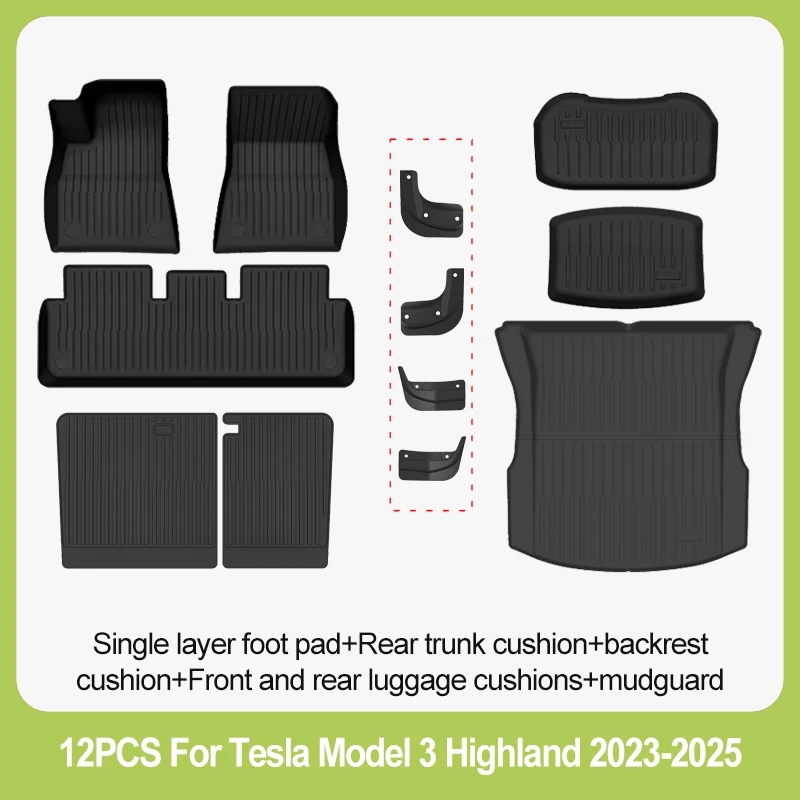 Autovloermatten voor Tesla Model 3 Highland 2024, 2025, 2026, all-weather TPE bagagematten voor en achter, opbergmat