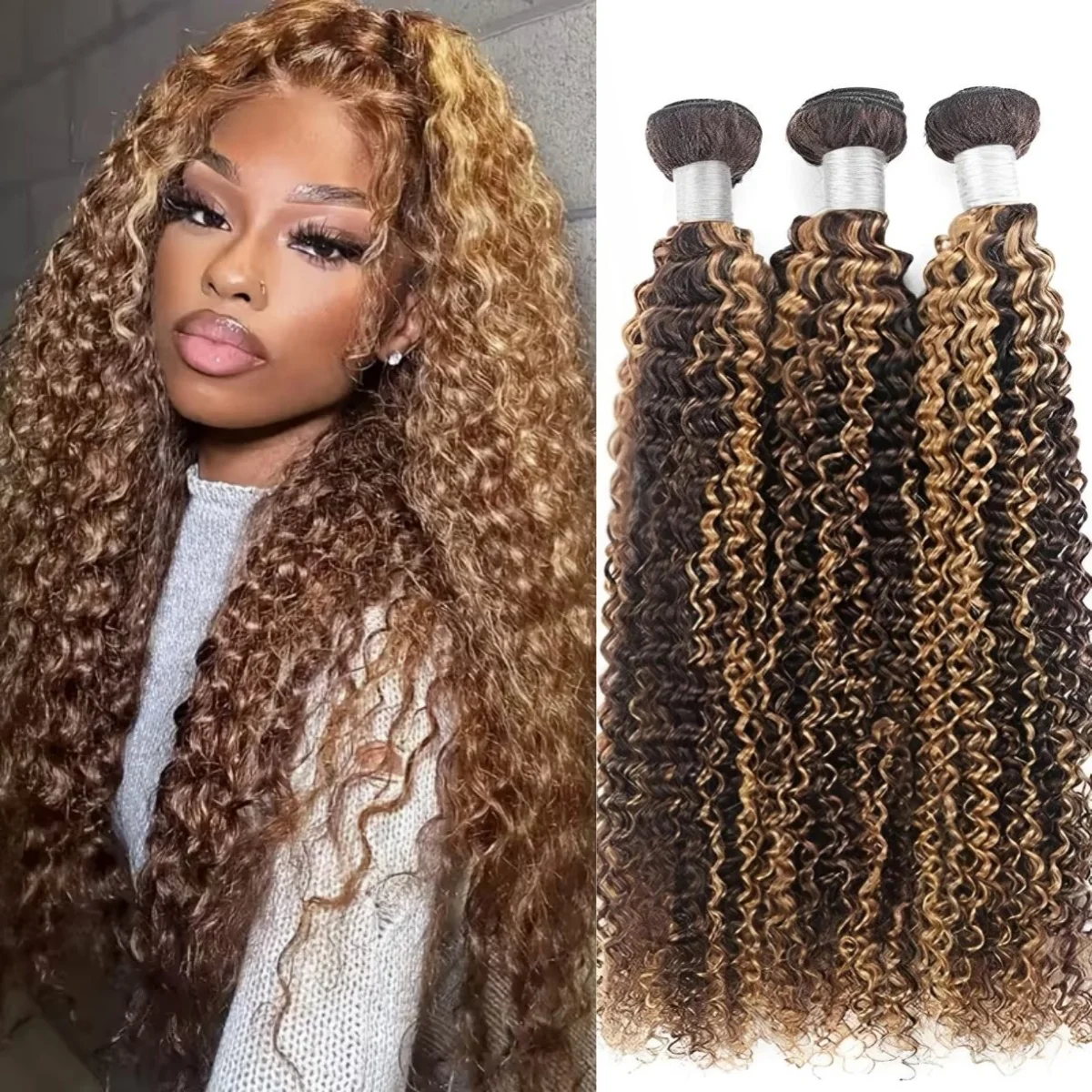 

Наборы кудрявых человеческих волос P4/27, бразильские волосы для наращивания, 1/3/4 шт., омбре, коричневые, глубокая волна, 100% натуральные волосы