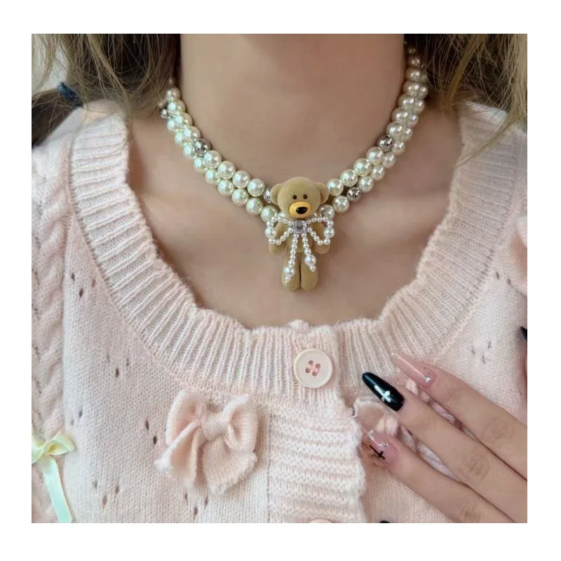 

Tide Cool Zircon Bow Tassel Flocked Bear Pendant Multi-layer Pearl Necklace Female Spice Girl Niche Light Luxury Neck Chain