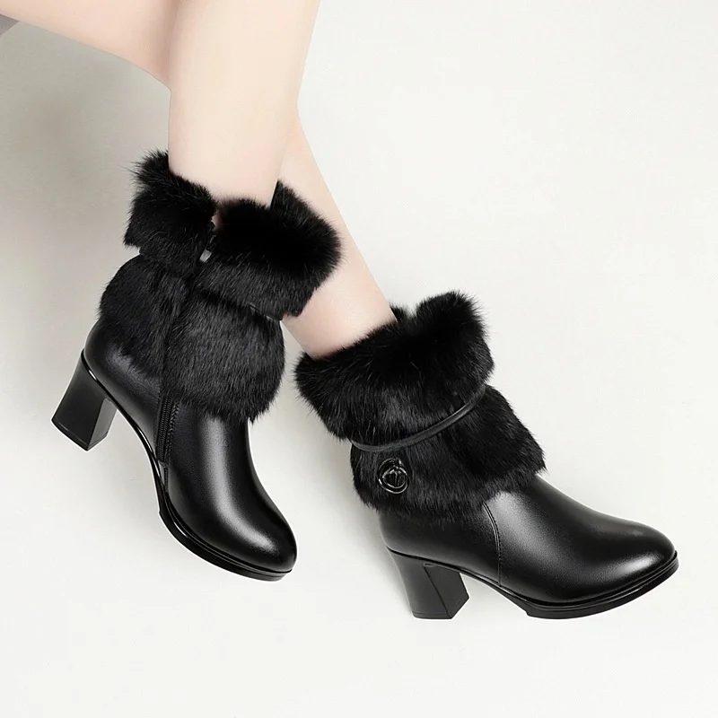 

Fur Lined High Heel Cotton Boots Real Leather Rabbit Fur Mouth Winter New Sle Women's Boots Warm Comfortable Faionable