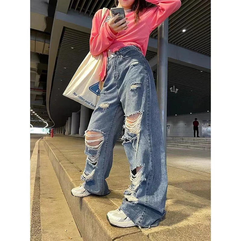 Streetwear Gerade Hosen Damen Zerrissenen Jeans Hohe Taille Lose Breite Bein Hosen Damen Jeans Y2K Plus Größe High Street Jeans