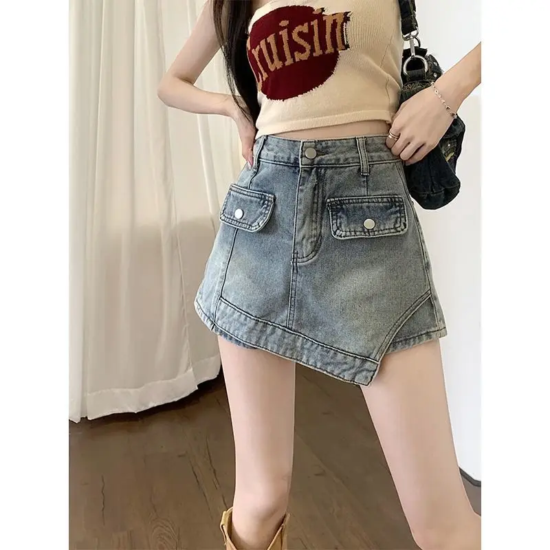 

Denim Short Fake Two Women's Summer Korean Version of The New Sexy High-waisted Slimming A Line Design Sense Wrap Hip Skirt