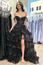 Off the Shoulder Sweetheart Tiered Ruffles Prom Dresses With Split Side Sparkly Sequins Lace Evening Gowns A-line Long Ball Gown