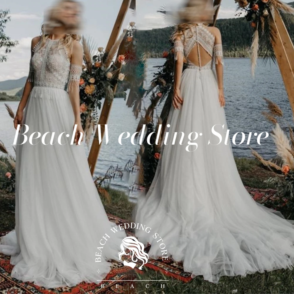 Strand maßgeschneiderte Brautkleider mit Ärmeln Robe De Mariage für Frauen Vintage Quaste Häkelspitze Country Garden Boho Braut