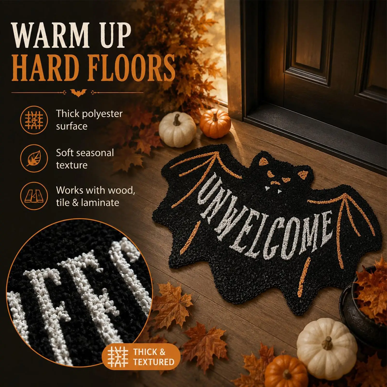 Halloween Unwelcome Mat Gothic Bat Shaped Entryway Carpet Halloween Floor Bat Mat for Haunted House Farmhouse Home Apartment