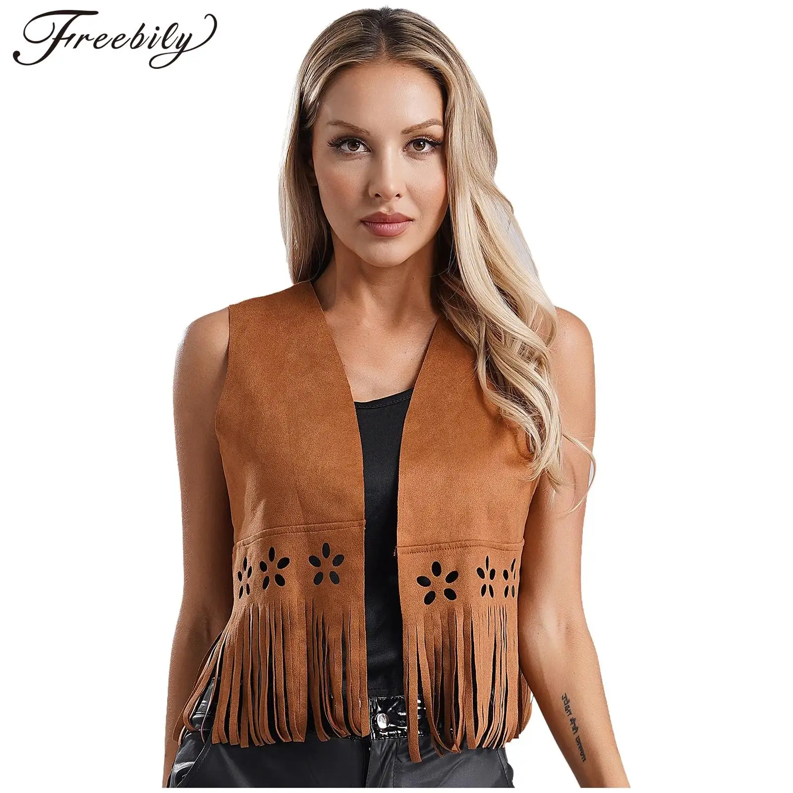 Women Halloween Western Cowgirl Cosplay Costume Faux Suede Fringe Tassel Retro Cardigan Vest Top 70s Farm Style Waistcoat Jacket