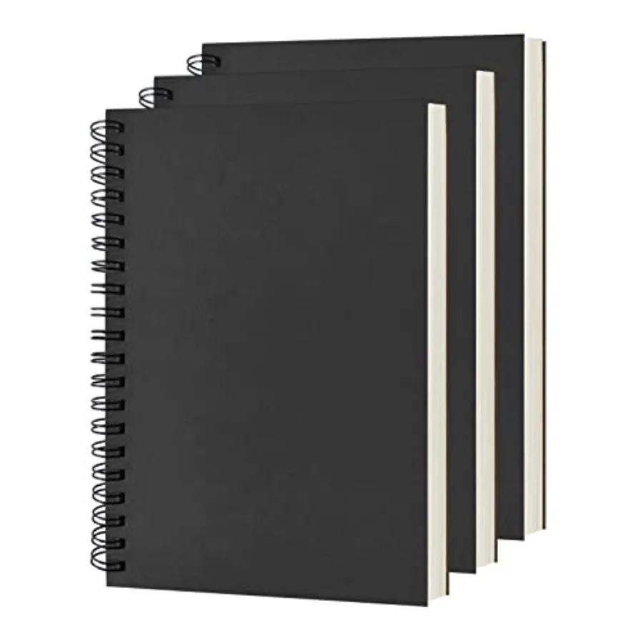 

Blank Spiral Notebook, 3-Pack, Soft Cover, Sketch book, 100 Pages/ 50 Sheets, 7.5 inch x 5.1 inch, 100GSM, Black