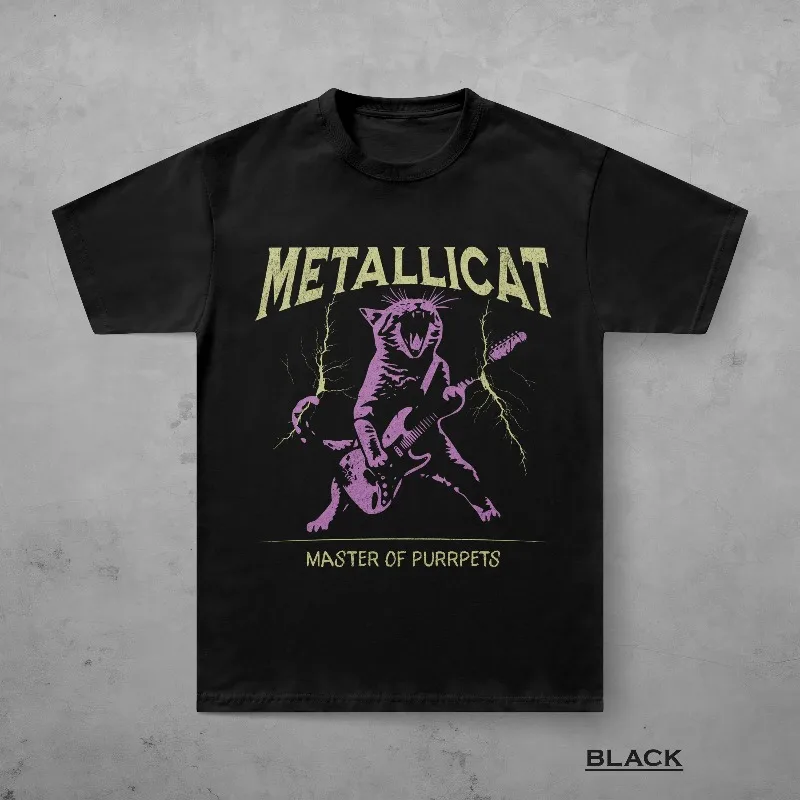 Metallicat Shirt, Funny Cat T-Shirt, Heavy Metal Music Tee, Summer unisex Loose and Breathable cotton T-shirt Top